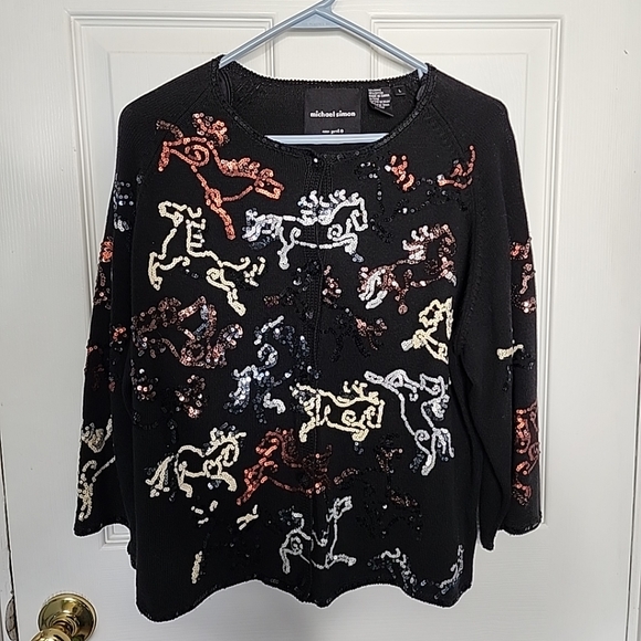 Vintage 2000 Michael Simon Sequin Horse Cardigan Sweater Derby - Picture 1 of 6